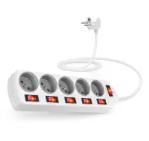 Kábel predlžovací prívod 230V 2m, 5 zásuviek s vypínačmi, biely