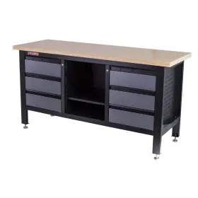 Dielenský ponk s drevenou pracovnou doskou, 6 zásuviek, police - TSK7506-LS